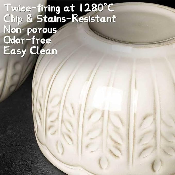 Artena Small Bowls Set of 4, 12 oz Ceramic Embossment Dessert Bowls, white Bowl for Kitchen, Ice Cream, Side Dishes, Rice, Cereal, Fruit, 4.5 Inch, Microwave & Dishwasher Safe, Wheat Leaf