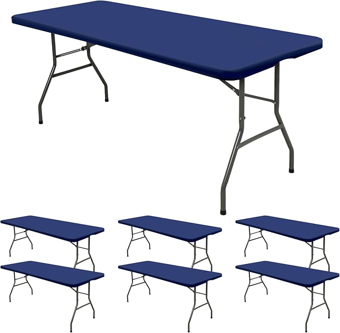 6 Pack Stretch Fabric Table Top Cap Cover, fits 8' Tables, Spandex Table Covers Washable Elastic Rectangle Tablecloth Protector for Indoor Outdoor Party Picnic Wedding, Navy Blue, 30" W x 96" L