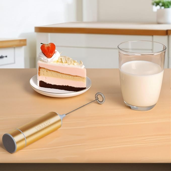 Milk Frother Handheld, Battery Operated Coffee Foamer Drink Mixer with 2 Stainless Steel Electric Whisks for Coffee, Latte, Cappuccino, Hot Chocolate, Protein， Batteries Included, Golden