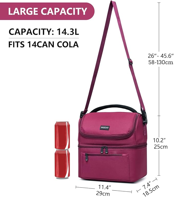VASCHY Lunch Bag, Insulated Lunch Box Leak-proof Cooler Bag in Dual Compartment Lunch Tote for Men, Women, 14 Cans (Burgundy)