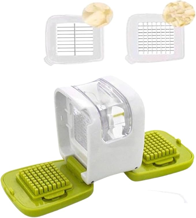 Garlic Press,Double cutting Crusher, Cutter, Mincer, and Storage Container (Green).