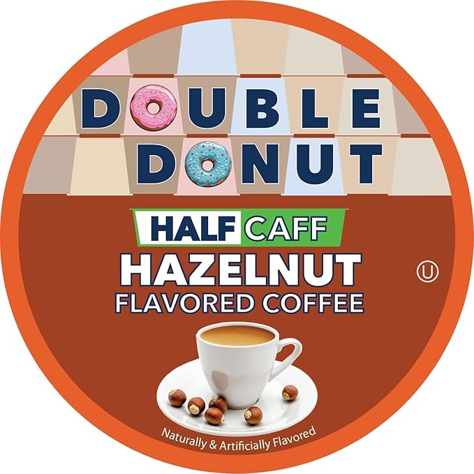 Double Donut Coffee Hazelnut Half Caff Coffee Pods, Single Serve Flavored Half Caffeine Coffee Pods For Keurig K Cup Brewers, Medium Roast, 20 Count