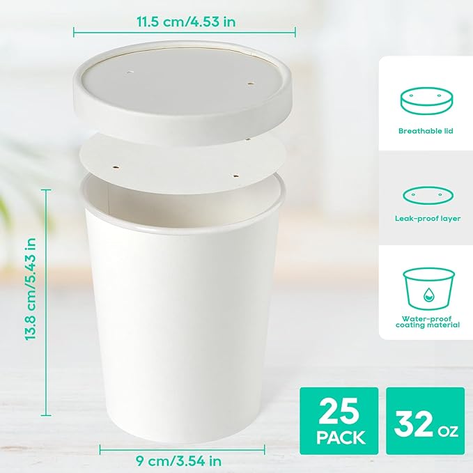 JOLLY PARTY 25pack 32oz Paper Soup Containers with Lids, Disposable Food Cups, White Ice Cream Bowls, Paper food Storage with Vented Lids, for Restaurants, To-Go Lunch