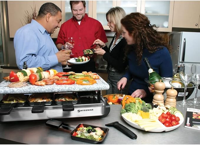Swissmar Stelvio Raclette Party Grill with Granite Stone Non-Stick Grill Plate/Crepe Top, Outdoor & Indoor Electric BBQ Grill, Samgyupsal Griller - Brushed Stainless Steel - 8-Person - Silver