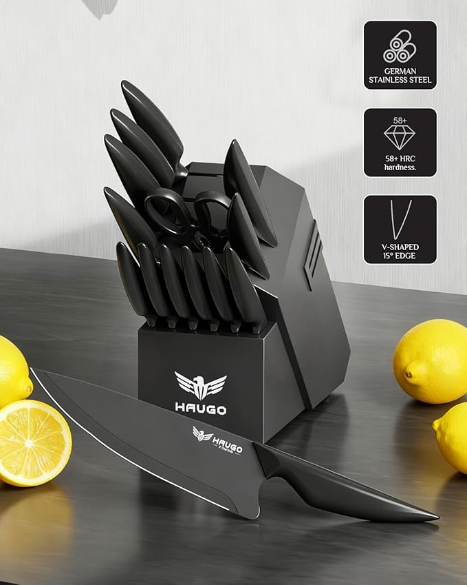 Knife Set - Haugo 15 PCS Kitchen Knife Set with Built in Sharpener - High Carbon German Stainless Steel - Dishwasher Safe Knife Block Set - Anti-Slip Handle - Black Mamba Series