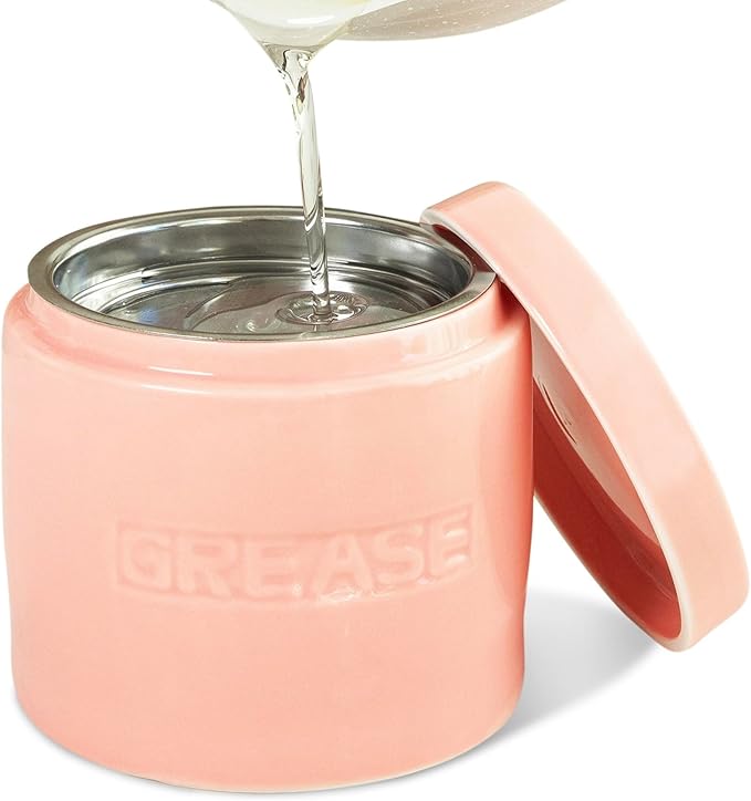 Bacon Grease Saver with Strainer - Ceramic Grease Container 1L Storage Canister | Holds Bacon Fat Drippings | Oil Keeper for Kitchen Counter Storage