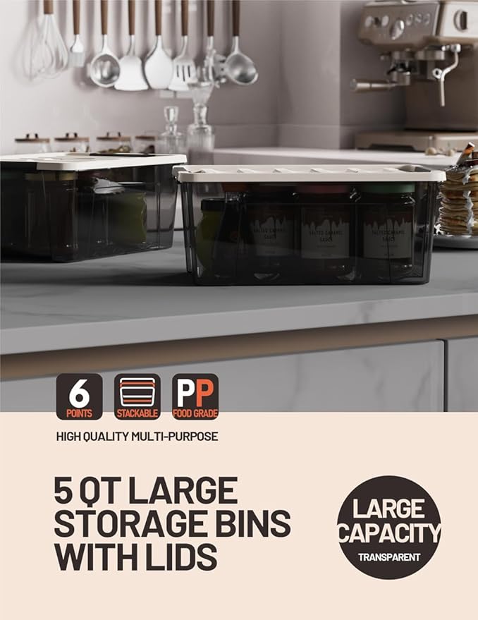WYT Small Clear 5-Quart Plastic Storage Container Bin with Khaki Secure Lid and Black Latch Buckles, Durable Stackable Nestable Organizin, 6-Pack