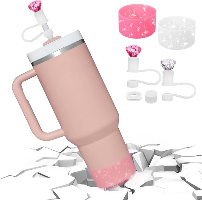 Mity rain Set for Stanley Cup Accessories, Including 2Pcs Diamond Straw Topper, 2 Pcs Silicone Spill Proof Stopper, 2Pcs Protective Glitter Silicone Boot, Pink and White Set for Stanley Cup 40/30 OZ