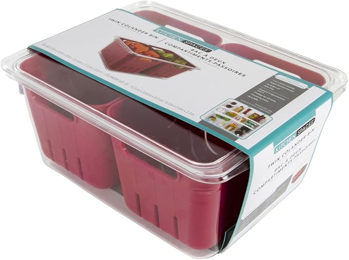 Kitchen Spaces Twin Colander Food Storage Container, Strainer and Fridge Organizer Bin for Fruits and Veggies, Stackable, BPA-Free