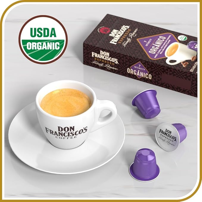 Don Francisco's Organico Espresso Pods: 80 Dark Roast Aluminum Capsules, Intensity 7, Compatible with Nespresso Original Line Machines - Bold Cuban-Style coffee with Caramel Notes
