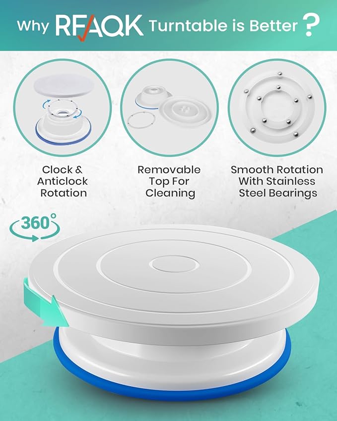 RFAQK 64PCs Cake Decorating Kit with Leveler, Baking Supplies Gift Includes Cake Stand Turntable, 24 Numbered Icing Tips, 30+1 Piping Bags, 2 Frosting Spatulas, 3 Scrappers, Video Course & Booklet