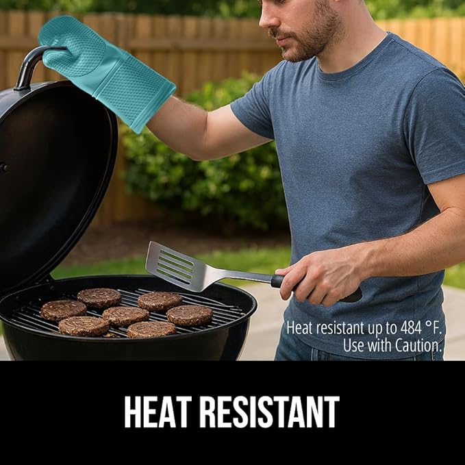 GORILLA GRIP BPA-Free Soft Silicone Oven Mitts, 14.5x8.3, Heat Resistant and Waterproof Cooking Gloves, Thick Cotton Lining, Flexible Gripping for Baking Grilling, Kitchen Potholders Set, Turquoise