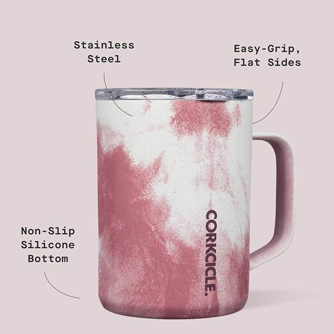 Corkcicle Classic Coffee Mug - Triple Insulated Stainless Steel for Travel - Shatter-Proof Lid - Keeps Drink Hot Over 3 Hours - Holiday Mug Gift - Great for Gifting Warmth - 16 oz - Minnie Tie Dye