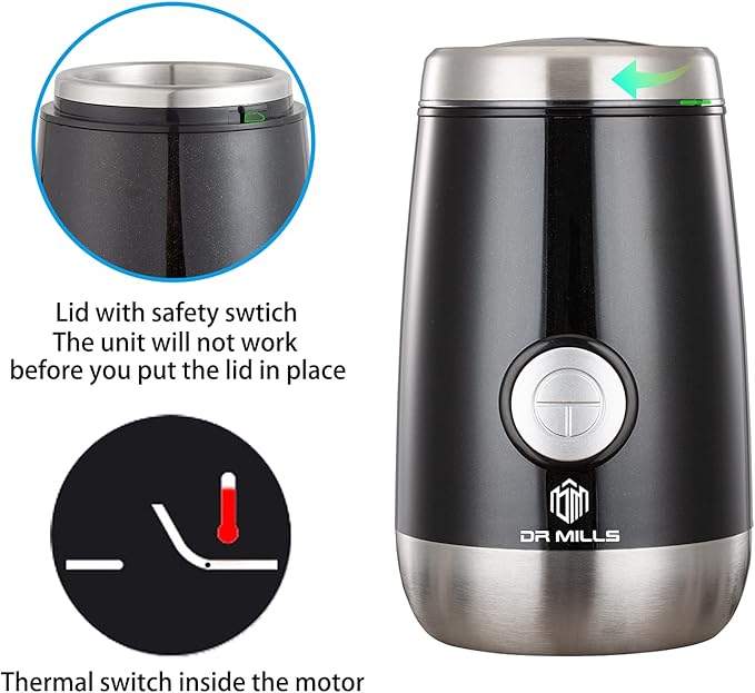 DR MILLS DM-7445 Coffee Grinder Electric,Spice and Herb Grinder, Blade & Cup Made with SUS304 Stainless Steel Food Grinders Electric