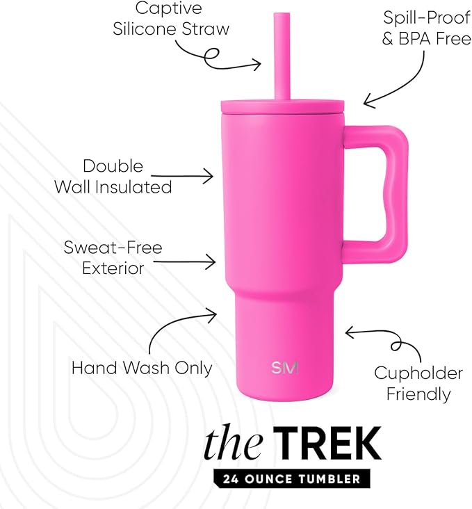 Simple Modern Kids 24 oz Tumbler with Handle and Silicone Straw Lid | Spill Proof and Leak Resistant | Reusable Stainless Steel Bottle | Gift for Kids Boys Girls | Trek Collection | Raspberry Vibes