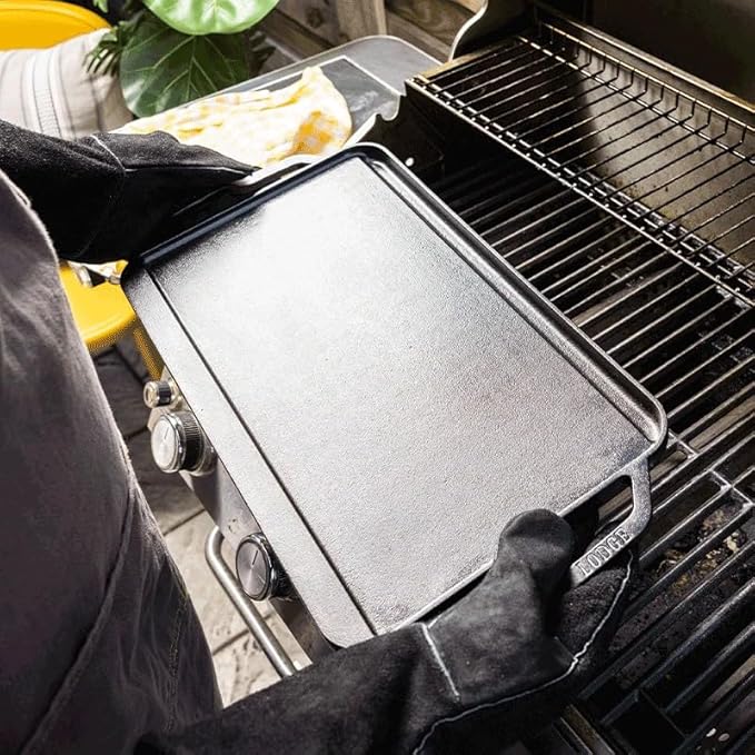 Lodge 20 x 10.44 Inch Pro-Grid Reversible Cast Iron Grill/Griddle – Double Burner Cookware, Pre-Seasoned, Non-Toxic, Made in USA, For Stovetop, Oven, Grill & Campfire