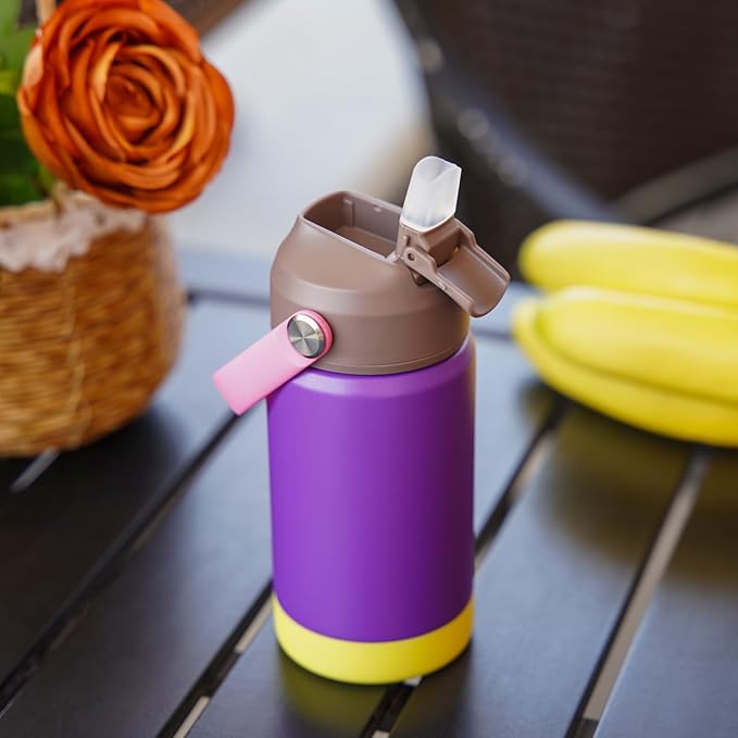 BJPKPK Insulated Water Bottle with Straw Lid, 12oz Thermo Water Bottles with Soft Nozzle, Flex Handle & Non-slip Boot, BPA Free Leak Proof Stainless Steel Metal Thermo, Tumblers, Cups,Violet