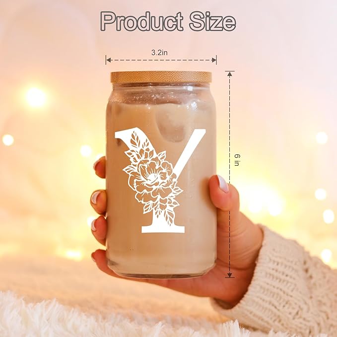 Coolife Initial Glass Cup, Monogrammed Gifts for Women, 16 oz Glass Cups w/Lids Straws, Iced Coffee Smoothie Beer Tumbler w/Straw Lid - Personalized Christmas, Birthday Gifts for Her Mom Friend Woman