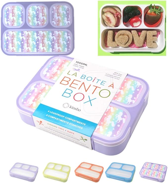 Unicorn Bento Box Lunch Box for Girls, Kids | Snack Containers with 4 Compartment Dividers, Boxes for Toddlers Pre-School Daycare Lunches BPA Free, Food & Microwave Safe | Purple Rainbow Unicornio