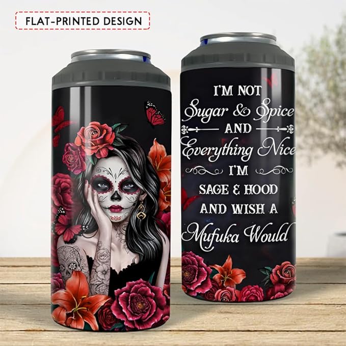 SANDJEST Sugar Skull Tumbler Sugar And Spice 4 in 1 12oz Tumbler Can Cooler Coozie Skinny Stainless Steel Tumbler Gift for Women Girl Friends Christmas Birthday Halloween