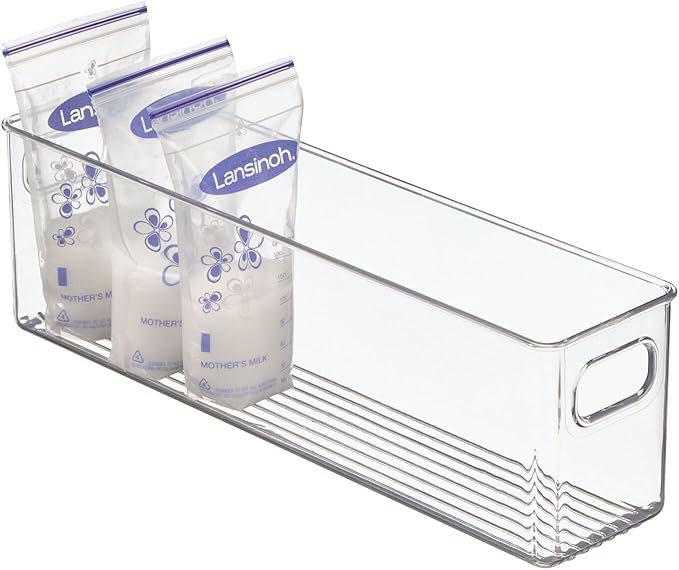 mDesign Plastic Long Stackable Storage Organizer Container, Organization Bin w/Handles for Kitchen, Pantry, Fridge, Freezer, Cabinet, Perfect to Hold Breast Milk - Ligne Collection - 2 Pack, Clear