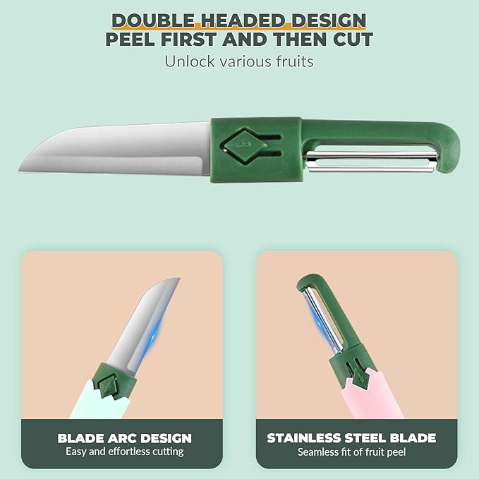 2 in 1 stainless steel Paring knife Peeler; fruit peeler; apple peeler; pear peeler, vegetable peeler, Kitchen Peeler (1, Green Pink)