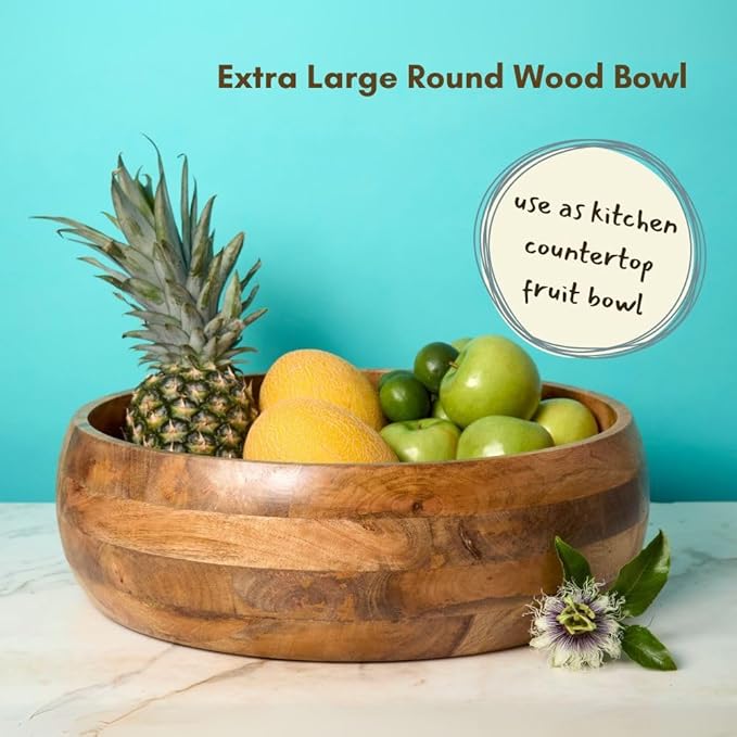 Salad Bowl Set of 5, Big Serving Dish for Pasta, Cut Fruit, Party, Catering, Wedding, Restaurant, Kitchen Countertop Fruit Bowl, Farmhouse Style, Mango Wood, 5pcs