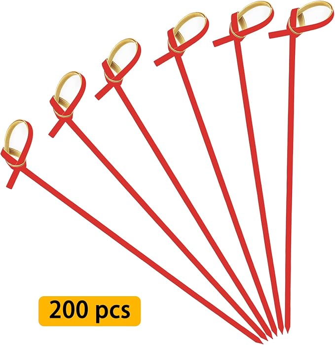 BLUE TOP Bamboo Cocktail Picks 200 PCS Red Bamboo Skewers 4 Inch with Looped Knot, Food Picks,Party Toothpicks for Appetizers,Cocktail Drinks,Barbecue Snacks,Club Sandwiches.