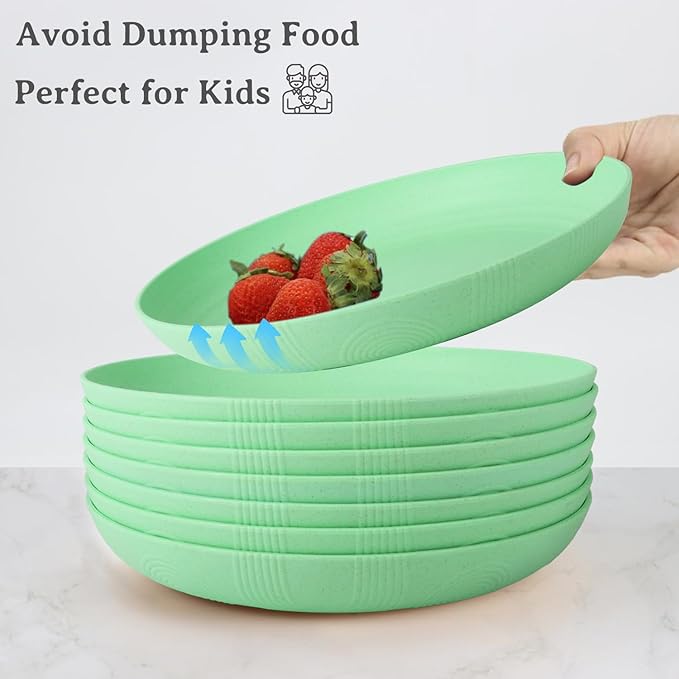 Wrova Wheat Straw Plates - 9 Inch Unbreakable Dinner Plates Set of 8 - Dishwasher & Microwave Safe Plastic Plates Reusable for Kitchen and Camping (Light Green)