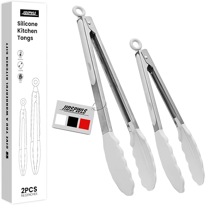 Premium Stainless Steel Heat Resistant Kitchen Tongs for cooking,set of 9" and 12" (White),Non Scratch Silicone cooking Tong Tip for Cooking Pans,Strong Grip BBQ tongs for Grabbing Hot Food