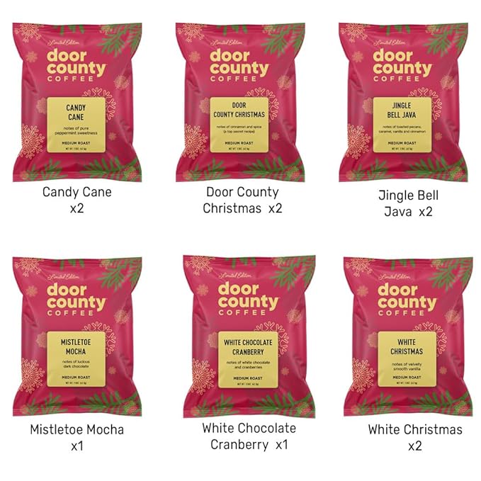 Gourmet Flavored Holiday Coffee Sampler Pack - 10 Bags of Unique Flavored Coffees – 100% Specialty Grade 1 Arabica -1.5 oz Full-Pot Bags - Roasted by Door County Coffee