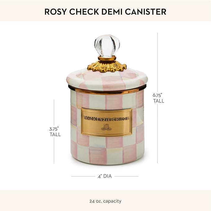 MACKENZIE-CHILDS Rosy Check Enamel Canister, Pink-and-White Kitchen Storage Container with Lid, Demi
