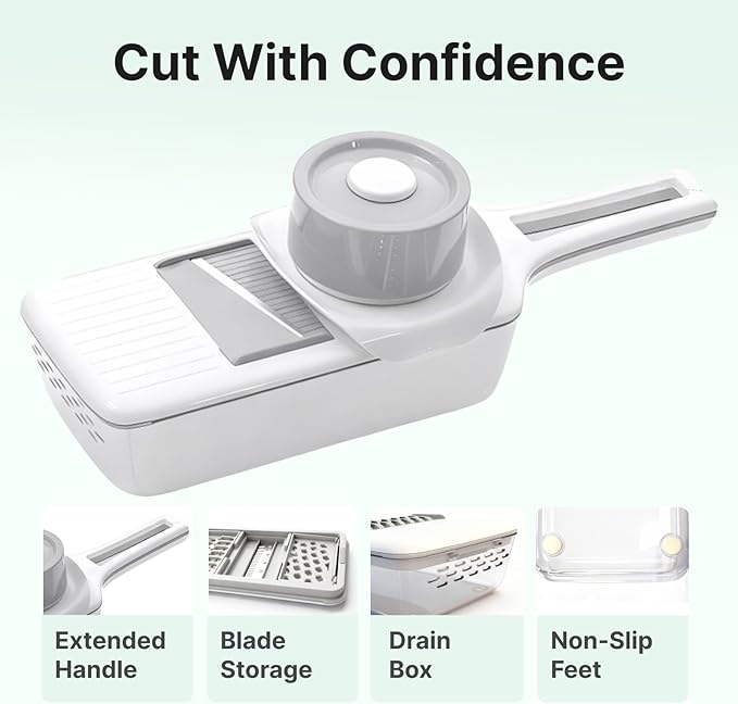 Multifunctional Handheld Mandoline Slicer for Kitchen with Drain Box – 6 Interchangeable Blades, Safety Guard, Vegetable/Cucumber Slicer for Salad Meal Prep, Easy to Clean, Compact Storage