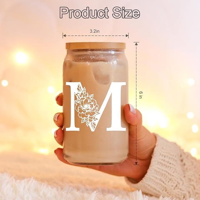 Coolife Initial Glass Cup, Monogrammed Gifts for Women, 16 oz Glass Cups w/Lids Straws, Iced Coffee Smoothie Beer Tumbler w/Straw Lid - Personalized Christmas, Birthday Gifts for Her Mom Friend Woman