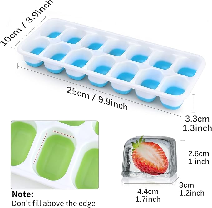 Silicone Ice Cube Tray, Jrisbo 4 Pack Easy-Release & Flexible 14-Ice Cube Trays with Spill-Resistant Removable Lid, Stackable Ice Trays with Covers for Freezer, Cocktail (Blue)