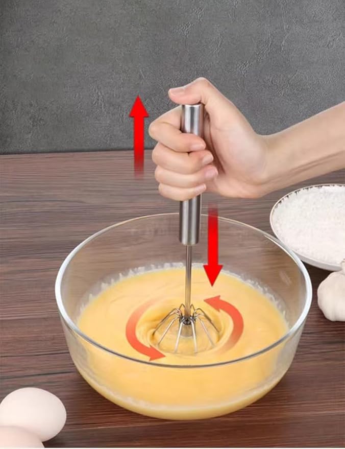 Stainless Steel Semi-Automatic Whisk, Hand Push Rotary Whisk Blender, Versatile Milk Frother for Blending, Whisking, Stirring (12 Inch)