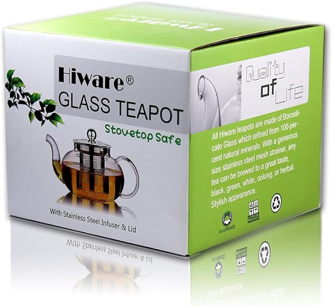 Hiware Glass Teapot with Stainless Steel Infuser & Lid, Borosilicate Glass Tea Pot Stovetop Safe, Blooming & Loose Leaf Teapots, 27 Oz