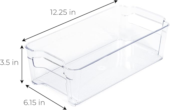 Smart Design Stackable Set of 4 Refrigerator Bins with Handle - 6 x 12 Inch - BPA Free Plastic - Fridge, Freezer, Pantry Organizer, Cabinet Storage, Food, Produce, Fruit Containers - Kitchen - Clear