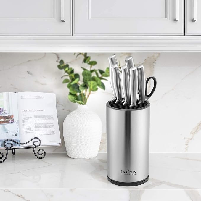 Universal Knife Block, Stainless Steel Round Knife Holder with Scissors-Slot, Counter-top Storage, Holds 12 8.5”-Blade Knives, 9” by 4.5” (knives not included)
