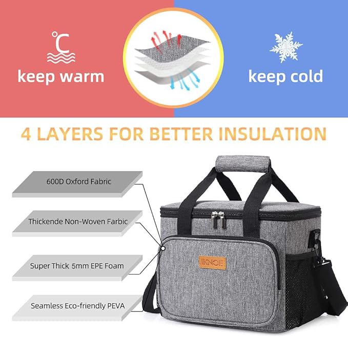 iknoe Insulated Lunch Bag, Foldable 14L Cooler Bag for Men & Women, Leakproof Thermal Design, Great for Office, Picnic, Travel, Lunch Box, Grey New