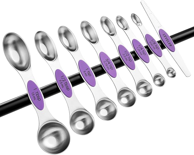 Spring Chef Magnetic Measuring Spoons Set, Dual Sided, Stainless Steel, Fits in Spice Jars, Orchid, Set of 8, 2 Pack