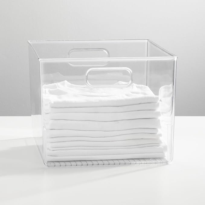 mDesign Large Plastic Storage Organizer Container Bin, Closet Organization for Hallway, Bedroom, Linen, Coat, and Entryway - Holds Clothing, Blankets, and Accessories, Ligne Collection, 2 Pack, Clear