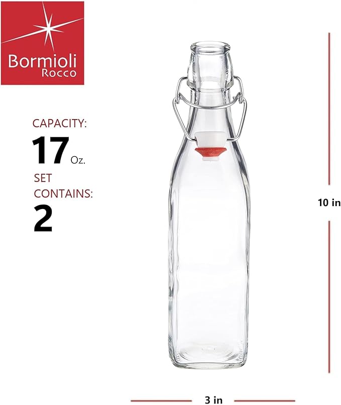 Bormioli Rocco Swing Top Glass Bottle (Set of 2) - 17 oz Reusable Container with Secure Metal Clasp, Ideal for Homemade Juices, Oil Infusions, Condiments, Mixers - Everyday Drinking Glasses
