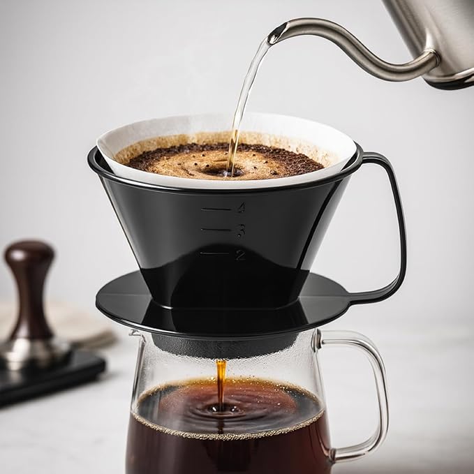 Fino Pour-Over Coffee Brewing Filter Cone, Number 4-Size, Black, Brews 8 to 12-Cups