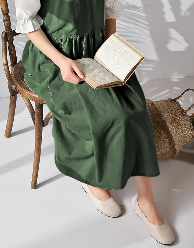 Uaussi Cotton Linen Apron Cross Back Work Apron for Women with Pockets Pinafore Dress X Cross Halter Apron for Chef Gardening
