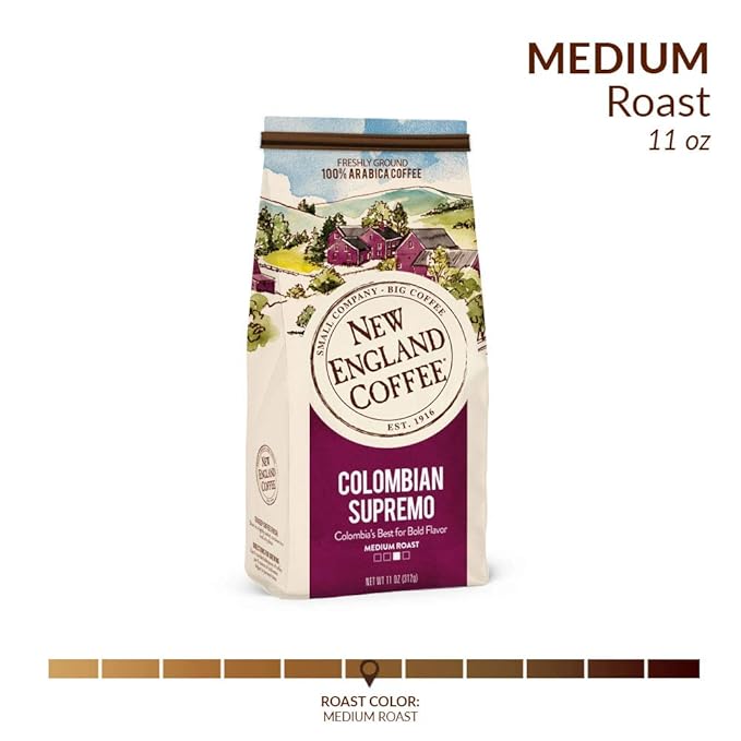 New England Coffee Colombian Supremo Medium Roast Ground Coffee, 11oz Bag (Pack of 1)