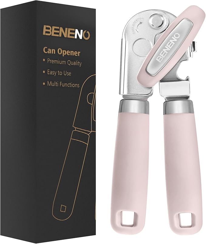 Beneno Heavy Duty Hand Can Opener Manual with Magnet, Durable Sharp Carbon Steel Blade Smooth Cutting, Big Effort-Saving Knob & Soft Grip Handle, Multifunctional Bottle Opener, Light Pink