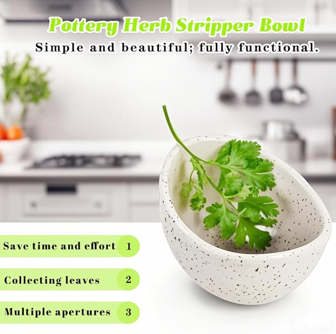 Pottery Herb Stripper Bowl, Ceramic Herb Stripper, handmade, different sizes of round holes, kitchenware for root removal (WHITE, 1)