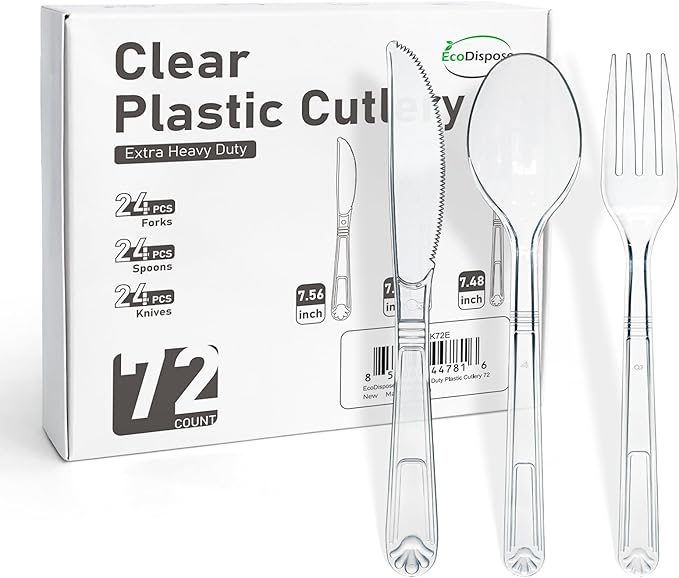 EcoDispose 72 Pcs Extra Heavy Duty Plastic Silverware Set, Disposable Utensils includes 24 Knives, 24 Forks and 24 Spoons