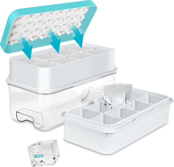Large Ice Cube Tray, Easy Release Press Ice Cube Moulds, No Overflow Ice Cube Maker and Storage Container All in One, Perfect for Whiskey, Cocktail, for 16 Large Ice Cubes(5cmx5cmx4.5cm), Blue
